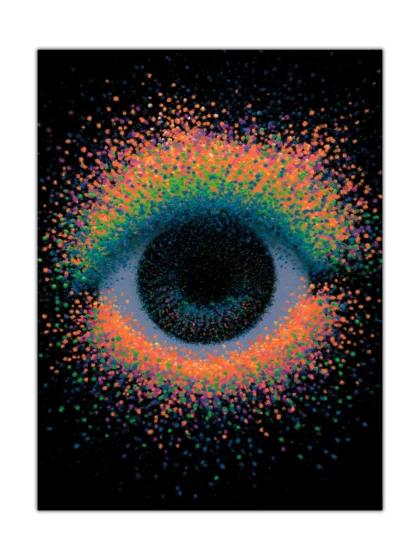 Colorful abstract particle poster with a glowing circular void on a black background