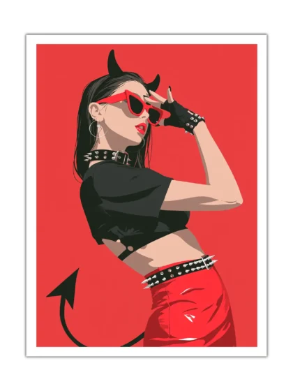 Horned woman in red sunglasses and punk clothing shown on a vivid red fashion poster