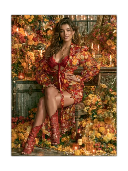 Sensual woman poster in red floral fashion surrounded by flowers and candlelight