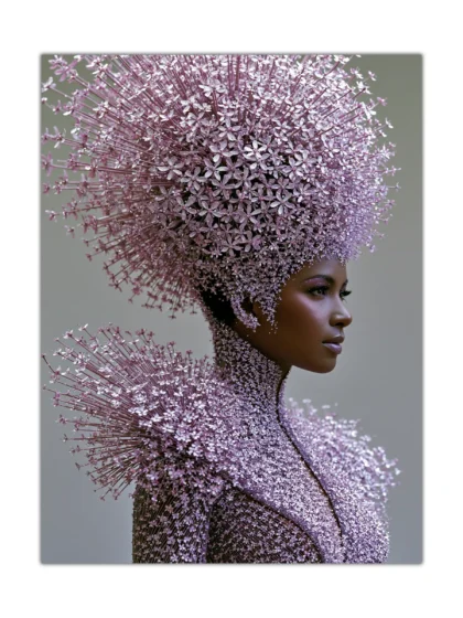 Surreal floral portrait poster of a woman surrounded by tiny lilac flowers on a gray background