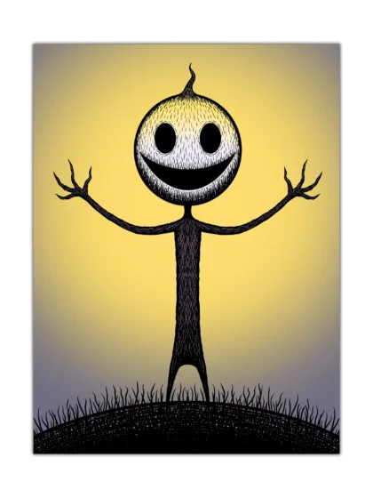 Surreal grinning creature poster with hollow eyes standing on a dark hill beneath a yellow sky