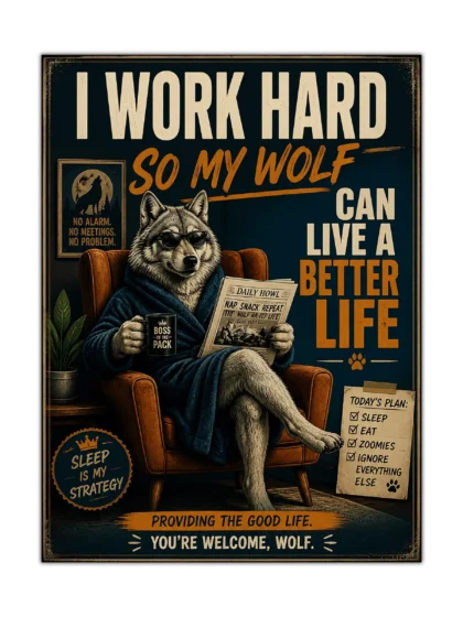 Funny wolf poster showing a relaxed wolf in sunglasses, robe, chair, coffee mug, and newspaper
