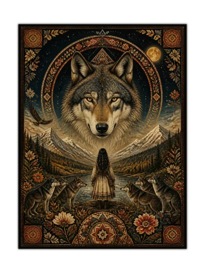 Wolf spirit fantasy poster showing a giant wolf, mountain valley, moon, and watchful wolf pack