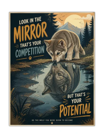 Wolf motivational poster with mountain reflection, moonlit forest, and bold vintage lettering