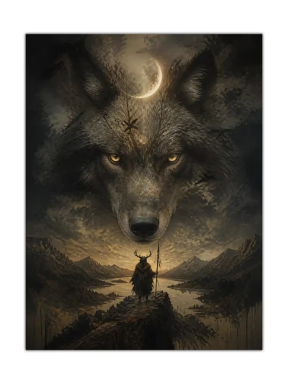 Wolf moon fantasy poster showing a giant wolf above a lone figure in mountain wilderness