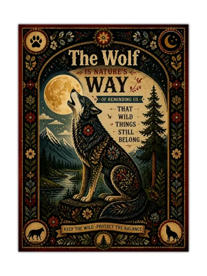 Vintage wolf poster with a howling wolf, full moon, mountains, and decorative floral border
