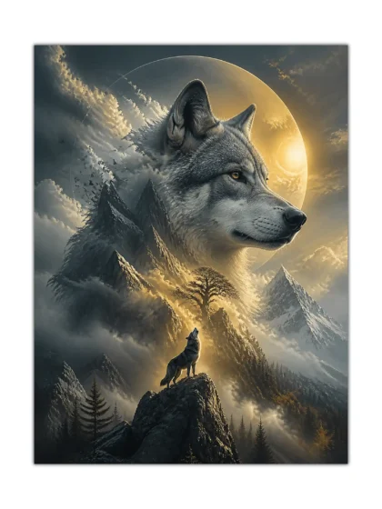 Surreal wolf poster with a howling wolf, snowy mountains, and glowing golden moon