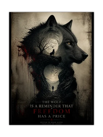Dark wolf poster with moonlit mountains, lone traveler, and freedom quote