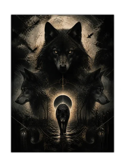 Black wolf poster with four wolves, full moon, crows, and a dark forest path