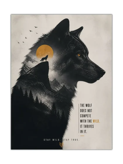 Moonlit black wolf poster with misty mountains, golden moon, forest, and wilderness quote