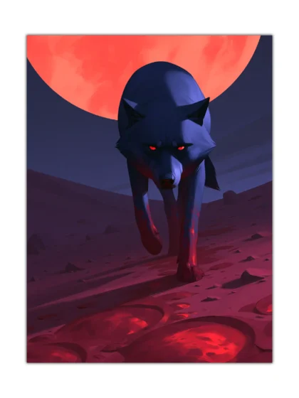 Surreal wolf poster showing a dark wolf with red eyes beneath a giant blood moon