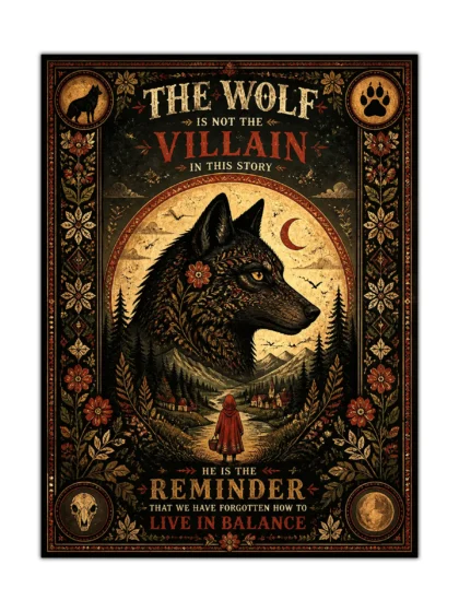 Vintage wolf poster with black wolf, moon, mountains, village, and ornate botanical border