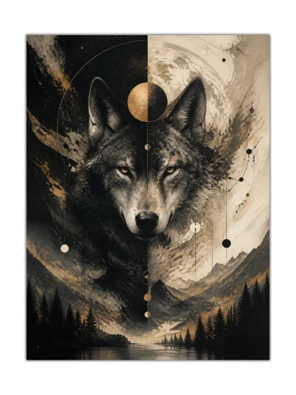 Wolf portrait poster with split mountain landscape, celestial circles, and dark forest details