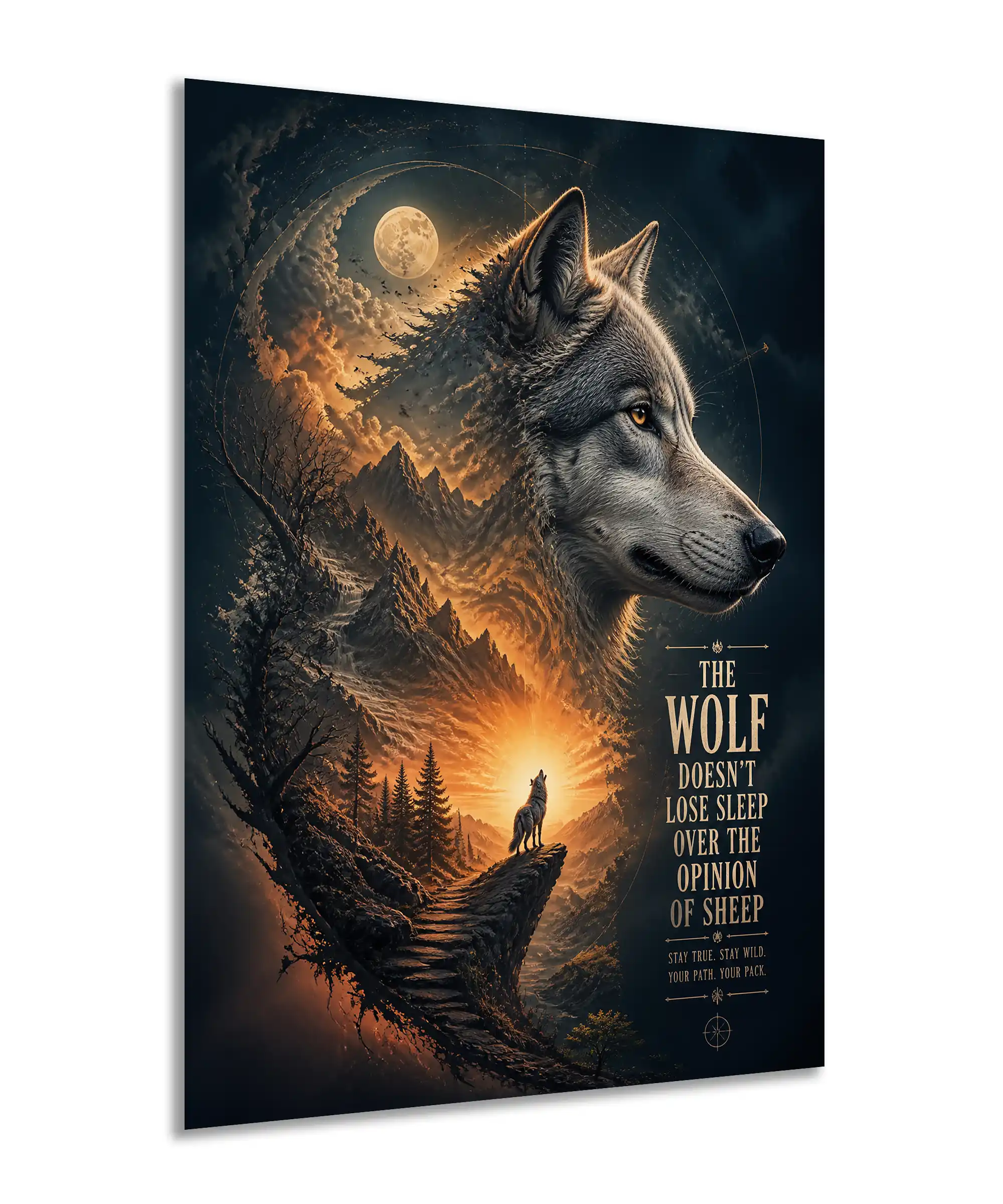 Wild Path Wolf Poster 2 painting Angled wolf wall poster showing mountain scenery, full moon, glowing clouds, and lone wolf