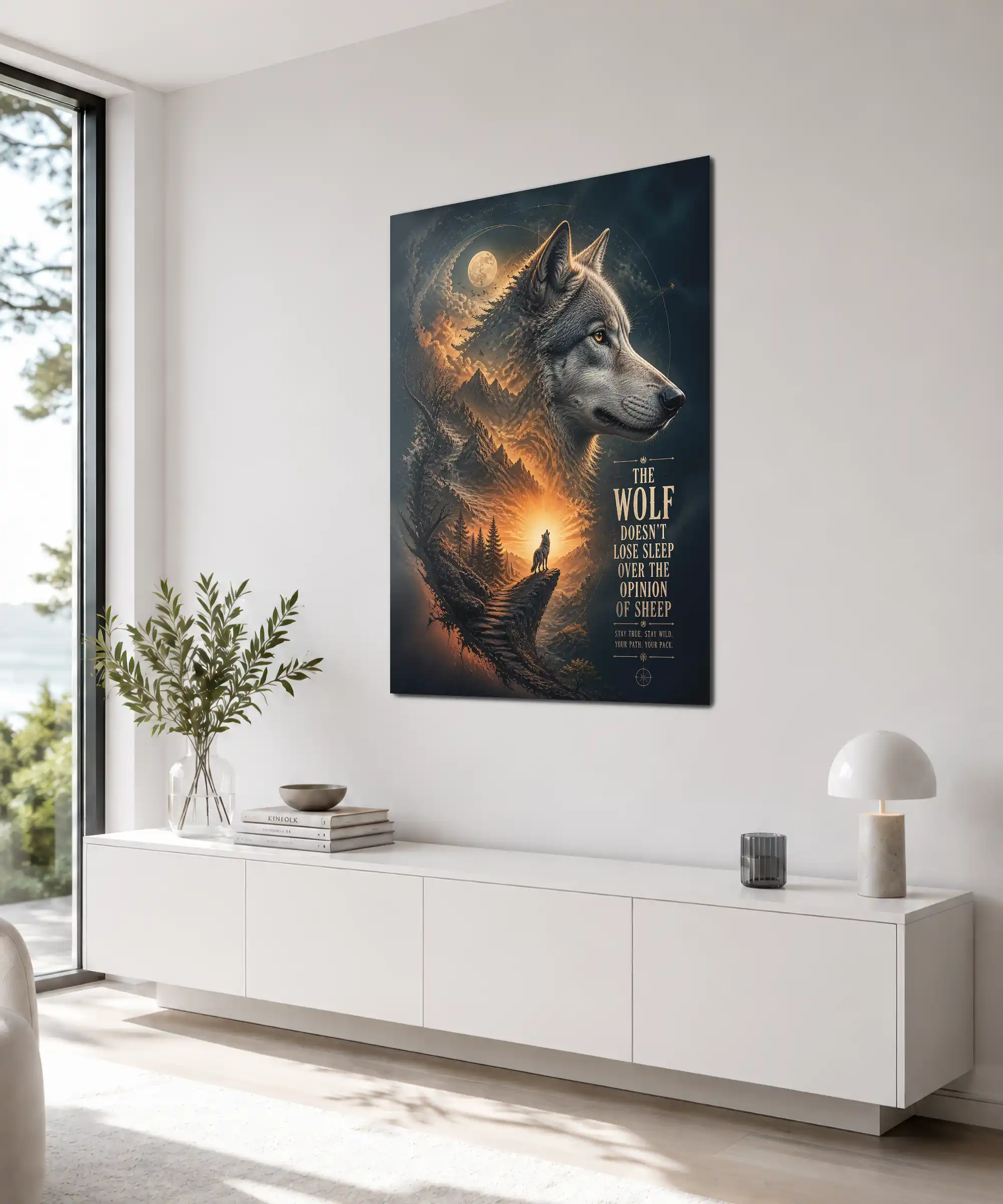 Wild Path Wolf Poster 4 painting Angled wolf poster in a room with moonlit peaks, forest silhouettes, and wild path design