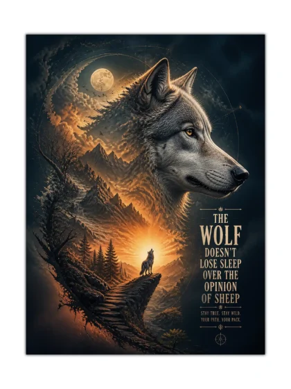 Wolf poster with moonlit mountains, glowing sunset, forest trail, and motivational wilderness text