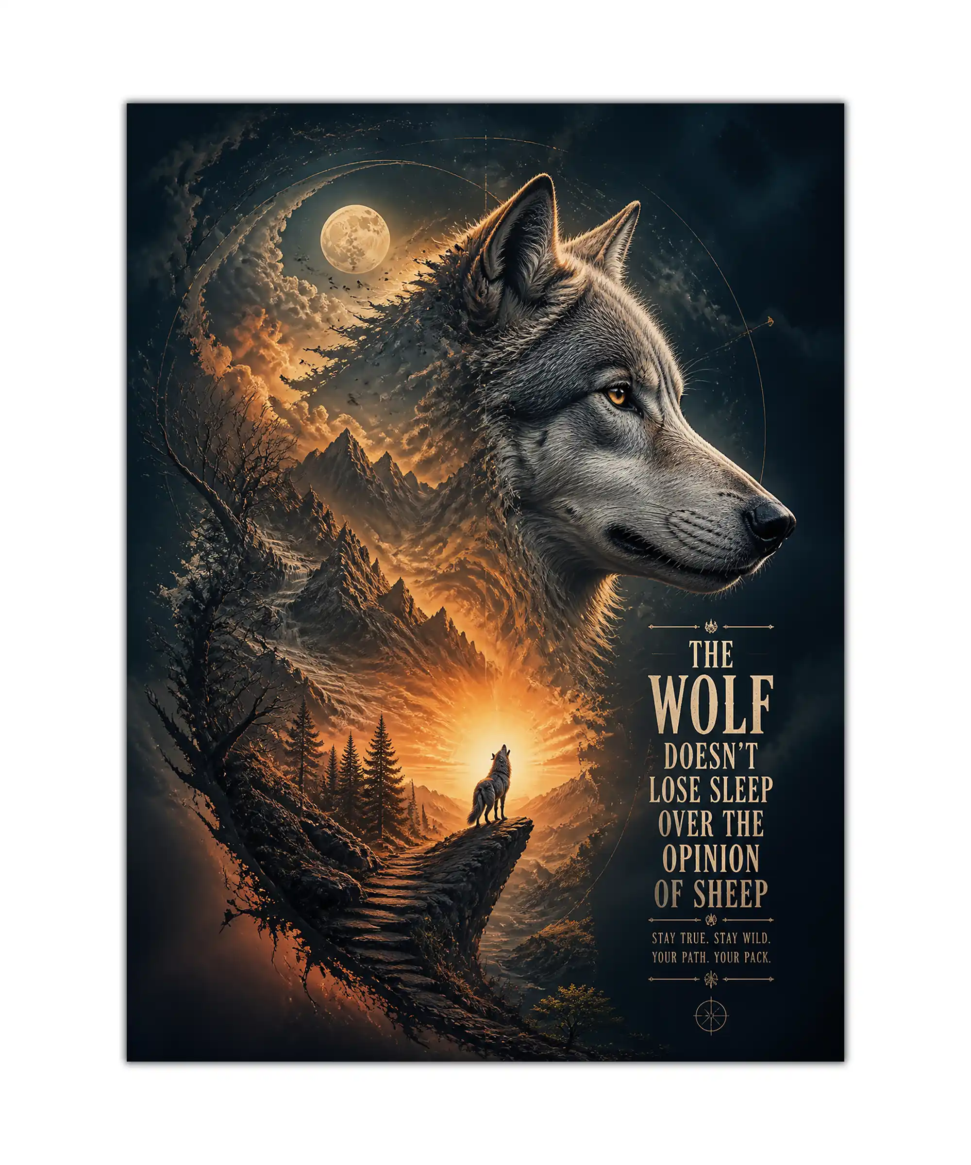 Wild Path Wolf Poster 1 painting Wolf poster with moonlit mountains, glowing sunset, forest trail, and motivational wilderness text
