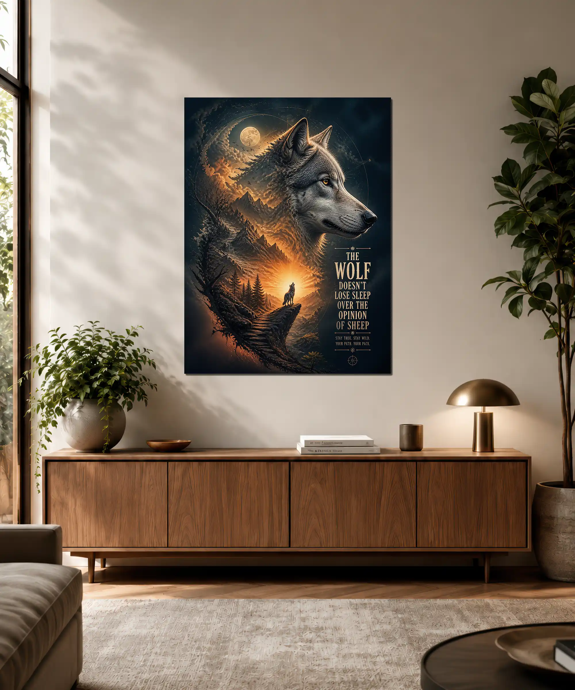 Wild Path Wolf Poster 3 painting Wolf mountain poster displayed in an interior with dark cinematic wilderness artwork