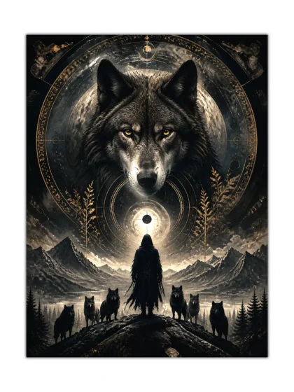 Black wolf fantasy poster with hooded figure, wolf pack, moon, and mountain landscape