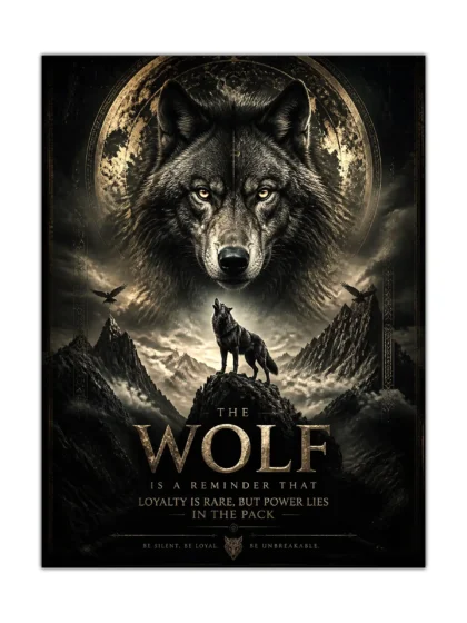 Wolf poster with giant spectral wolf, howling pack member, mountains, ravens, and gold details