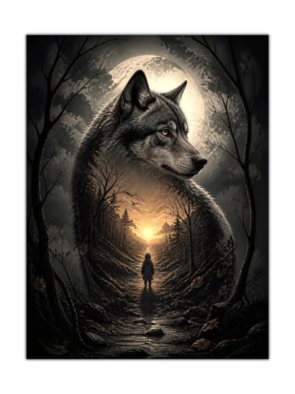 Surreal wolf poster with a lone traveler, full moon, dark forest, and glowing sunrise path