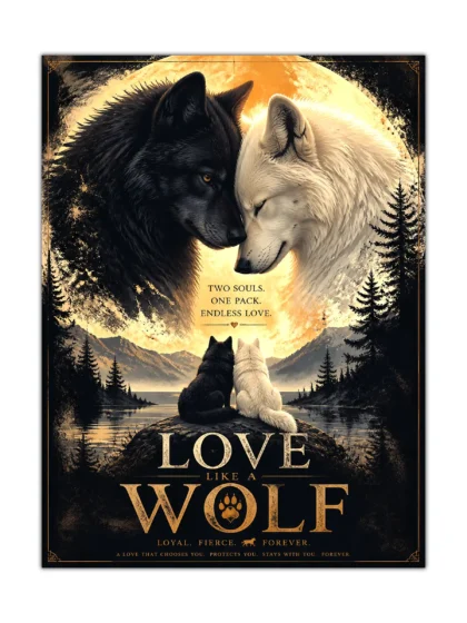 Black and white wolf couple poster with golden moon, mountain lake, and romantic lettering