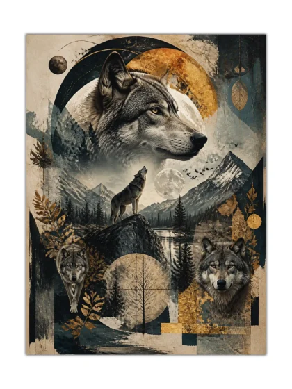 Surreal wolf poster with multiple wolves, moonlit mountains, dark forest, and aged gold collage details