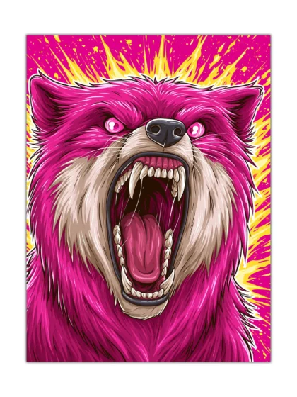 Roaring pink bear poster with sharp teeth, comic-style lines, and bright yellow splashes
