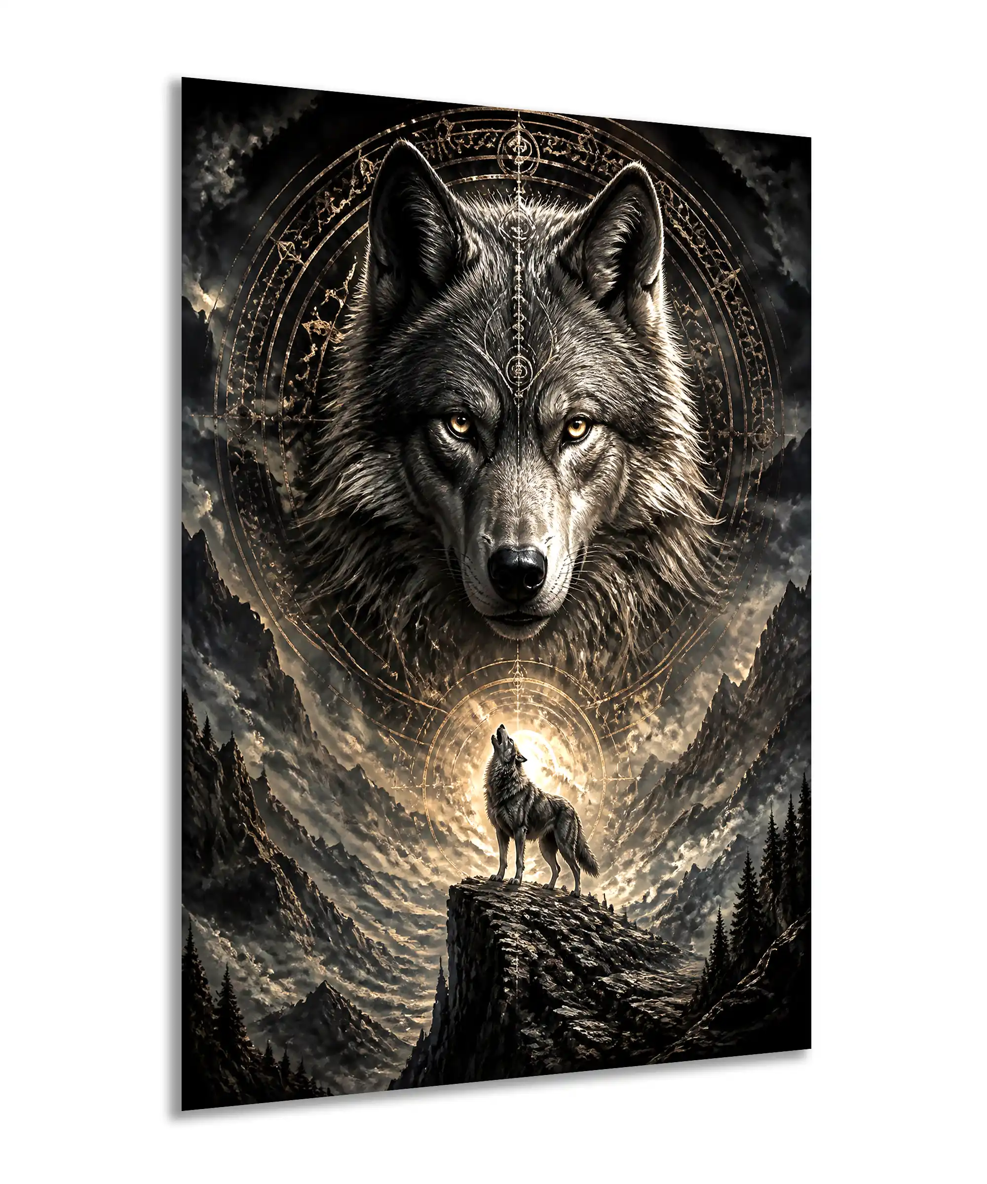 Spirit Wolf Fantasy Poster 2 painting Angled spirit wolf wall poster with a moonlit mountain scene and mystical symbols