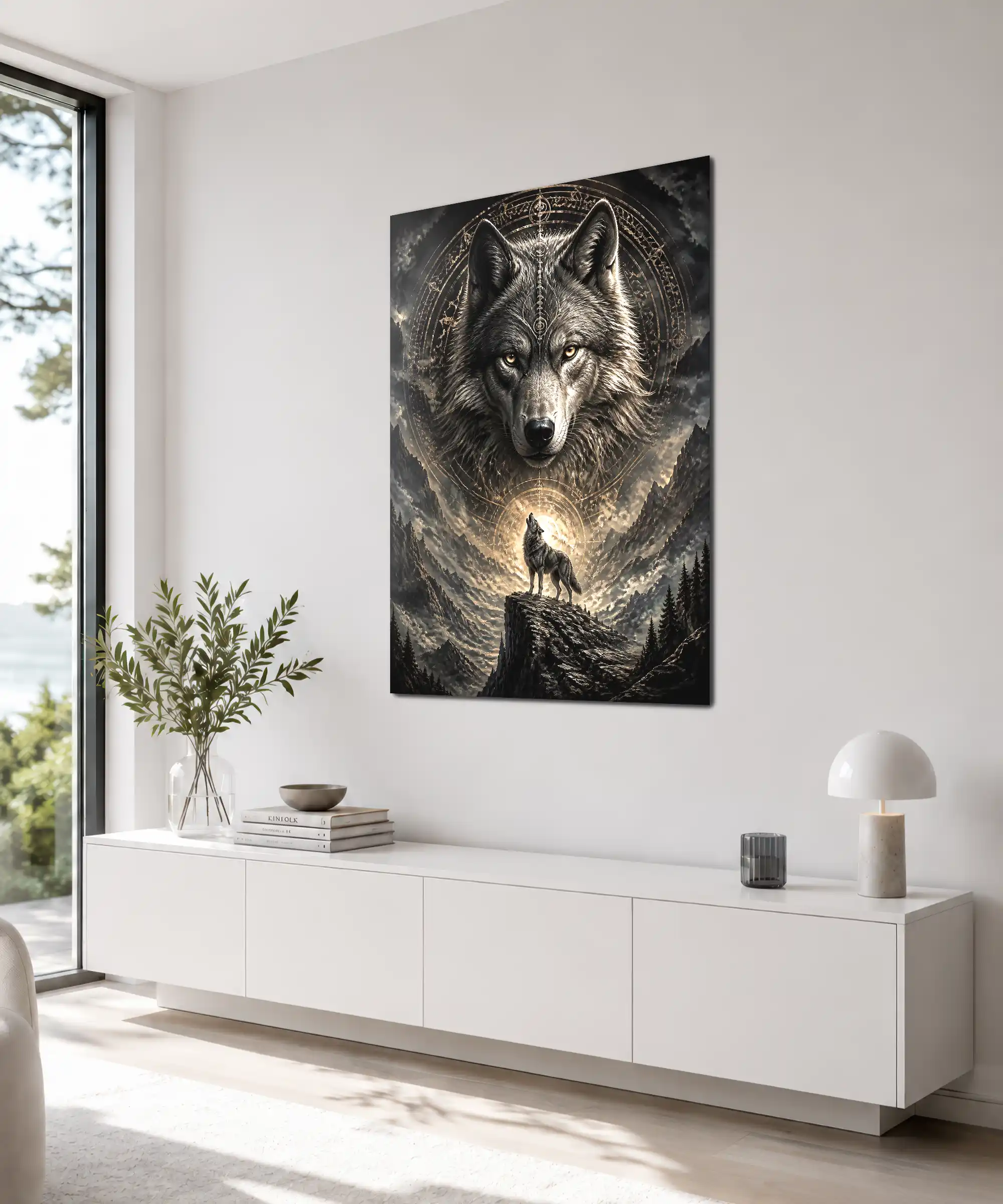 Spirit Wolf Fantasy Poster 4 painting Angled spirit wolf poster displayed indoors with dark fantasy mountain wall art
