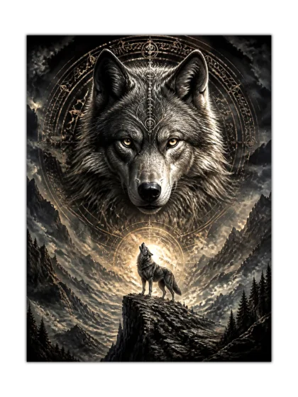 Spirit wolf poster showing a howling wolf on a mountain peak beneath a glowing moon