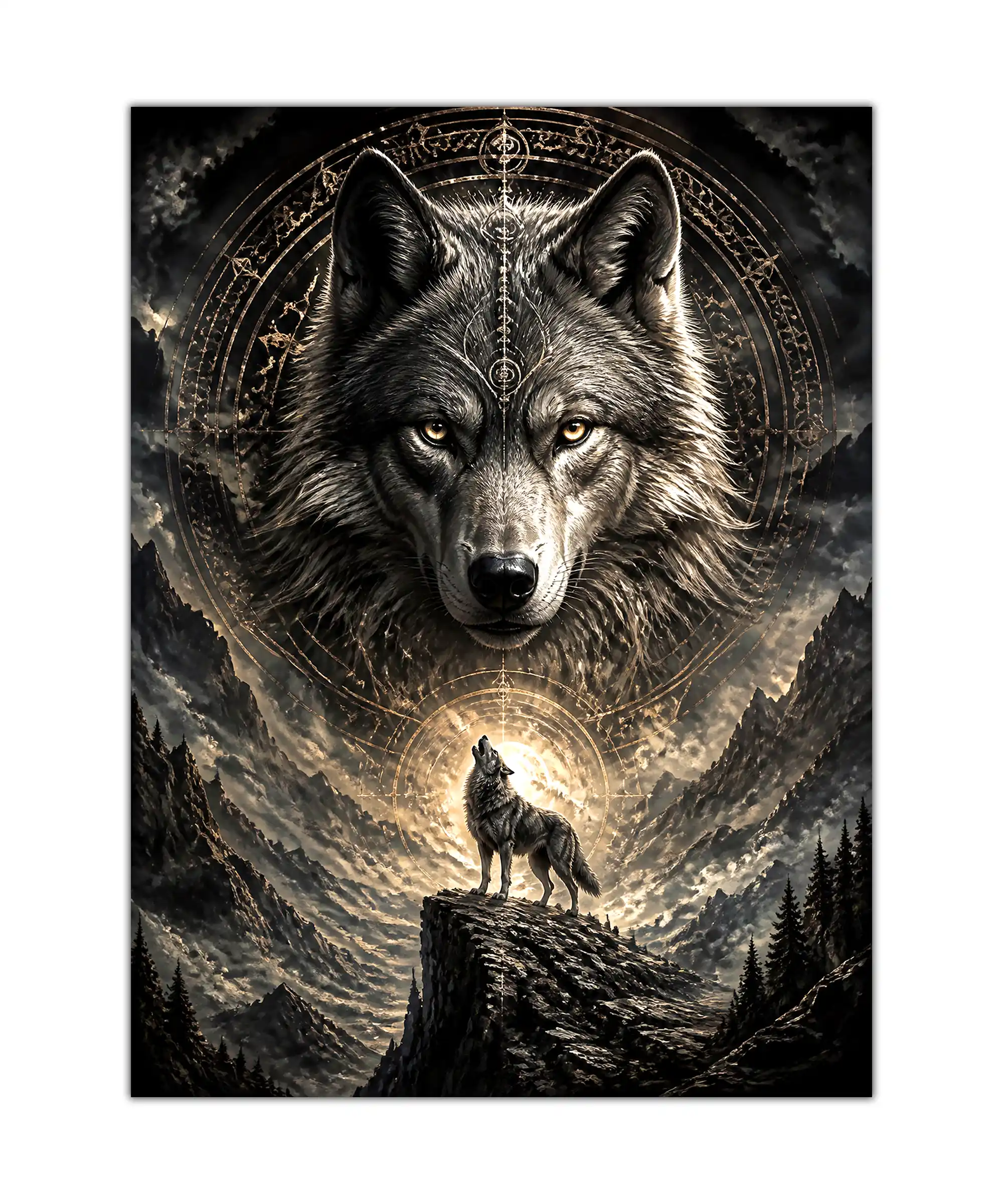 Spirit Wolf Fantasy Poster 1 painting Spirit wolf poster showing a howling wolf on a mountain peak beneath a glowing moon