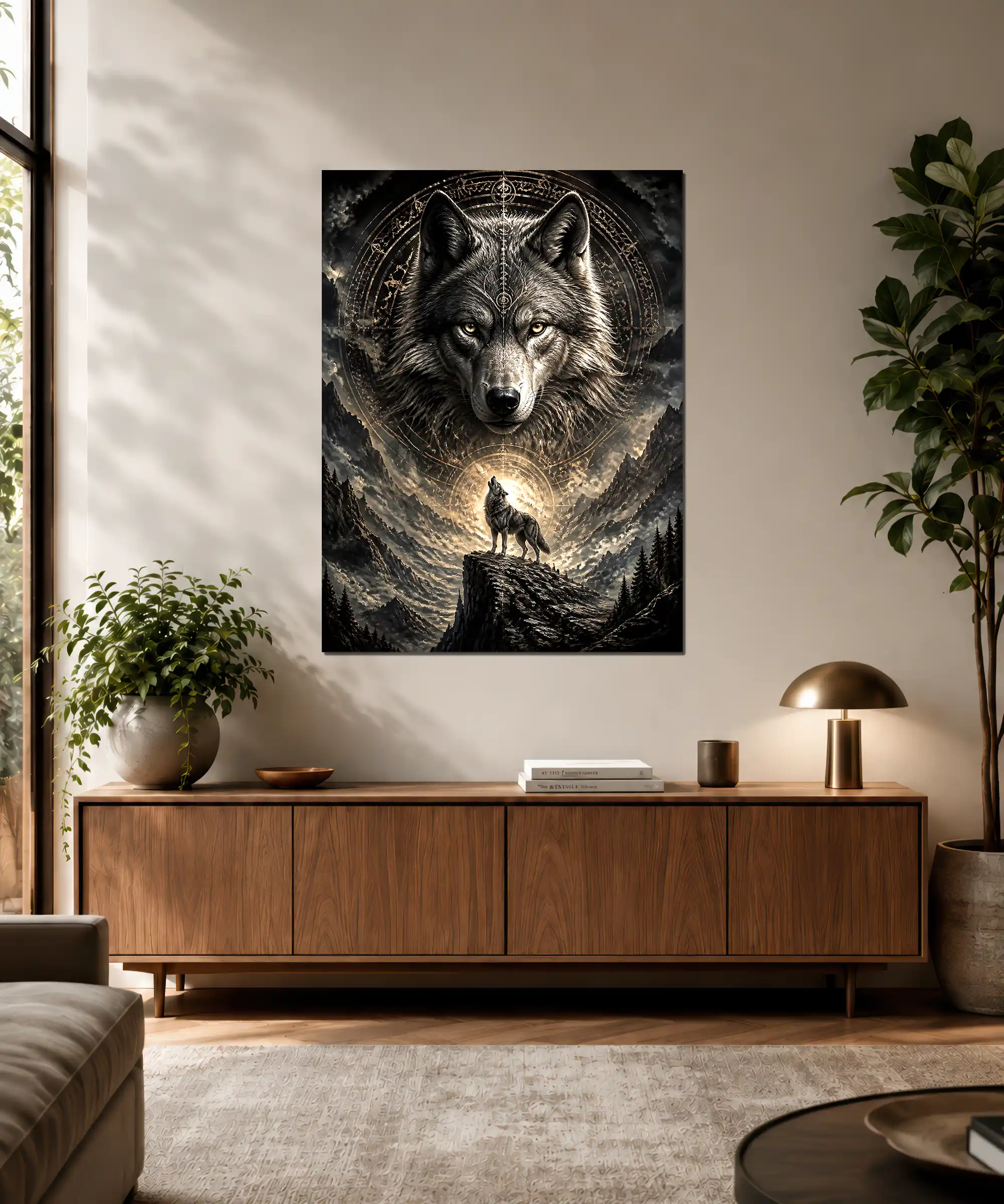Spirit Wolf Fantasy Poster 3 painting Spirit wolf poster displayed in an interior with a howling wolf and mountain moon scene