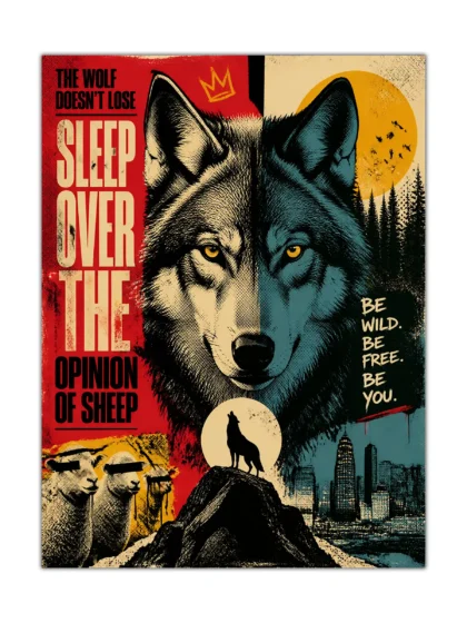 Wild wolf motivational poster with split-tone portrait, moon, mountains, skyline, and bold lettering
