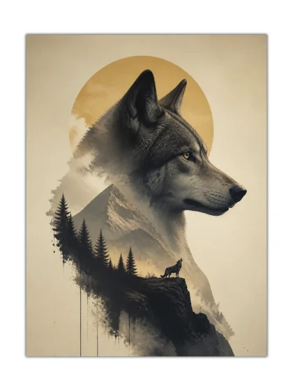 Wolf profile mountain landscape poster with mist, evergreen trees, and golden sky
