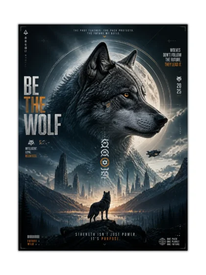 Lunar black wolf poster overlooking a futuristic mountain city beneath a glowing full moon