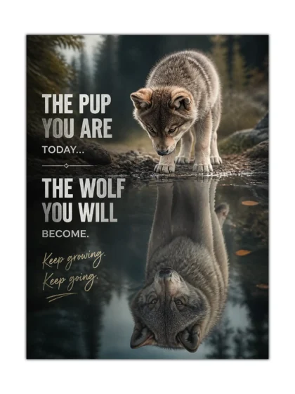 Young wolf pup and its reflection in a forest pool motivational poster