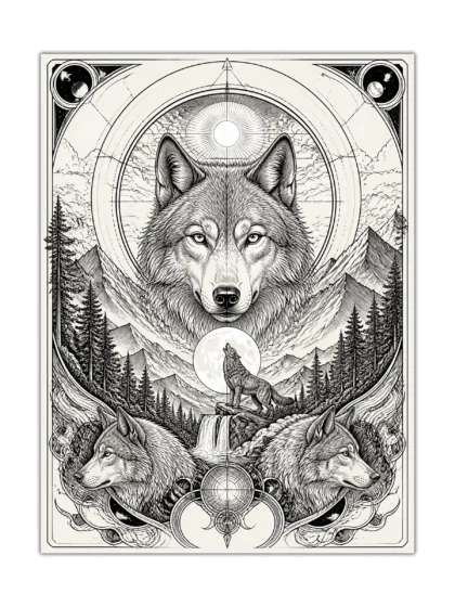 Black and white wolf poster with three wolves, mountains, moon, and celestial compass details