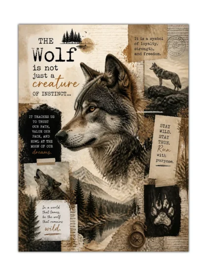 Vintage wolf poster with mountain landscape, pine forest, compass, and wilderness collage details