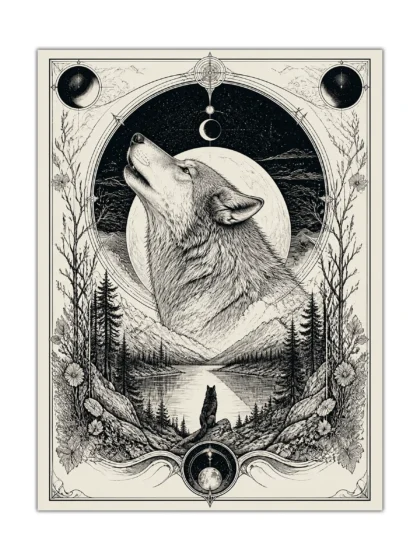 Howling wolf poster with moon, mountains, lake, trees, and botanical border