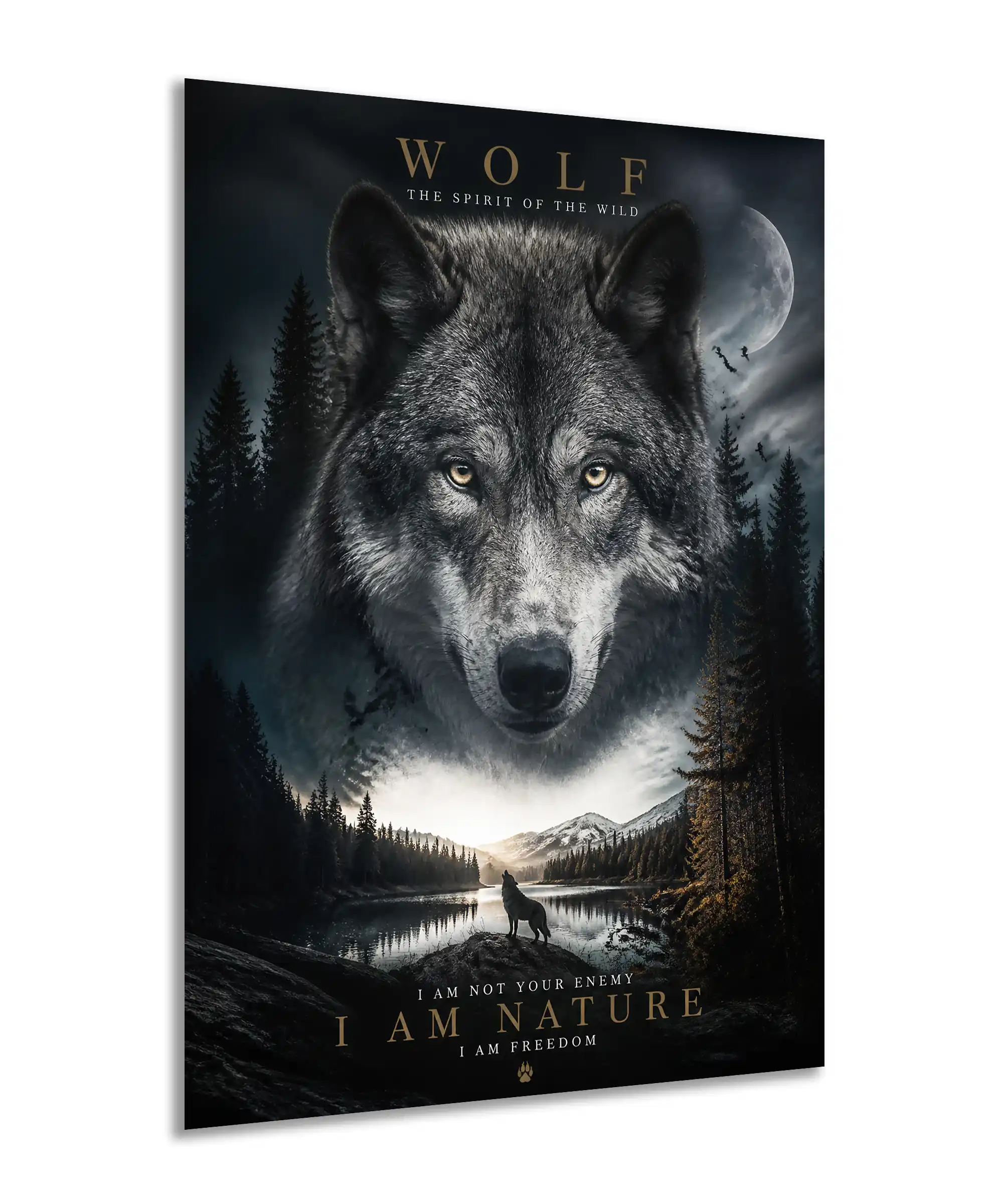 Wolf Poster 2 painting Angled wolf wall poster featuring a moonlit lake, dark forest, and mountain wilderness
