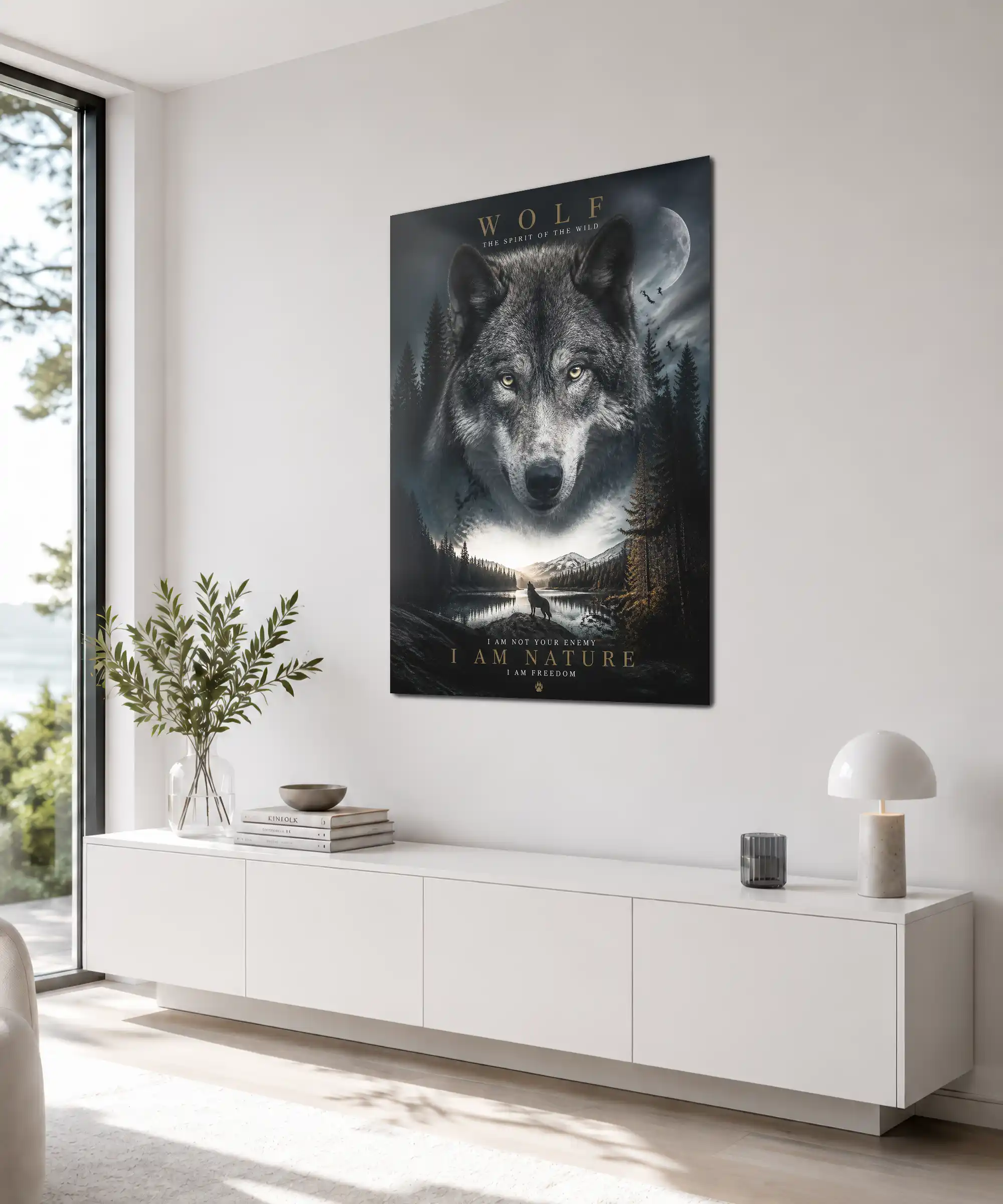 Wolf Poster 4 painting Angled wolf poster displayed indoors with a full moon, pine trees, and mountain lake