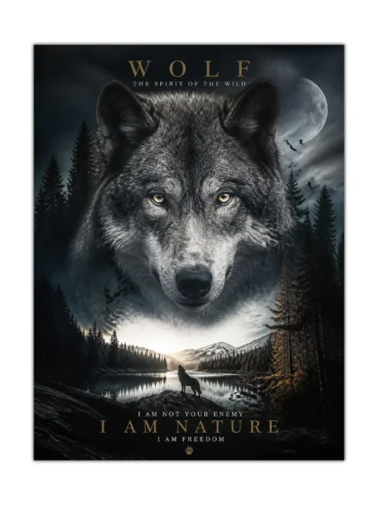 Wolf poster with a large gray wolf over a moonlit mountain lake and pine forest