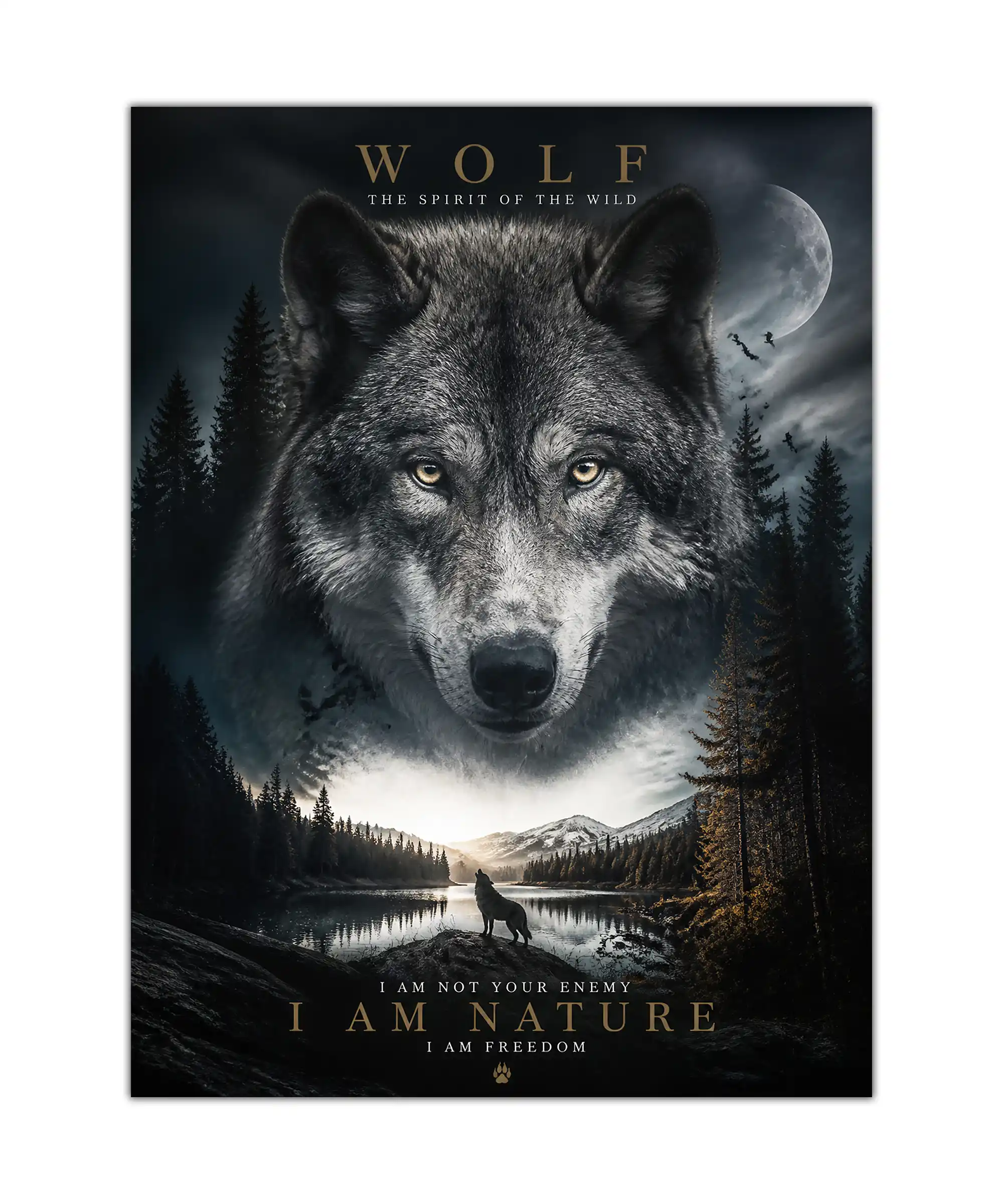 Wolf Poster 1 painting Wolf poster with a large gray wolf over a moonlit mountain lake and pine forest