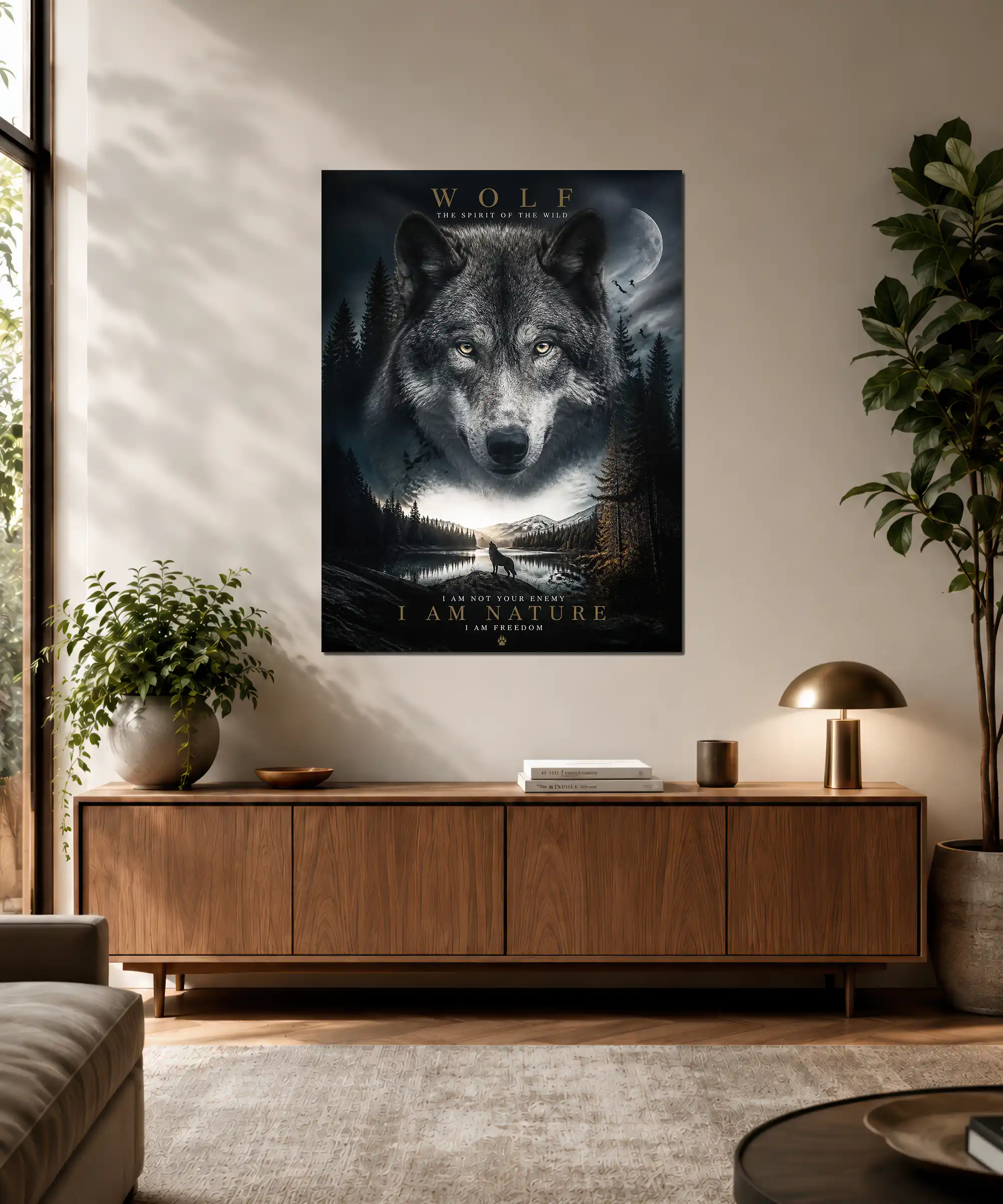 Wolf Poster 3 painting Wolf wall art displayed in an interior with a moonlit forest and mountain lake scene