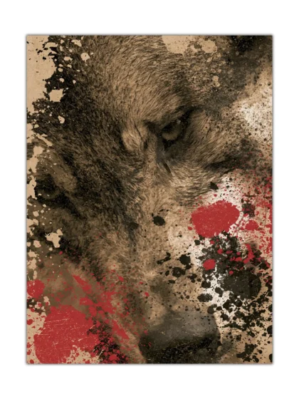 Grizzly bear close-up poster with sepia fur and red black paint splashes