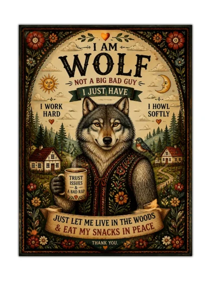 Gray wolf folk poster with forest village, flowers, coffee mug, and humorous text