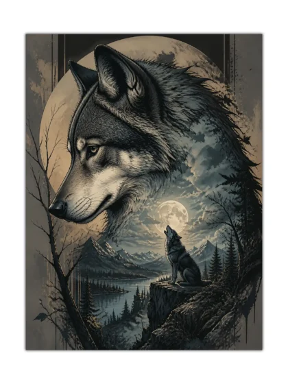 Moonlit wolf poster showing a large wolf above mountains, lake, forest, and a howling wolf