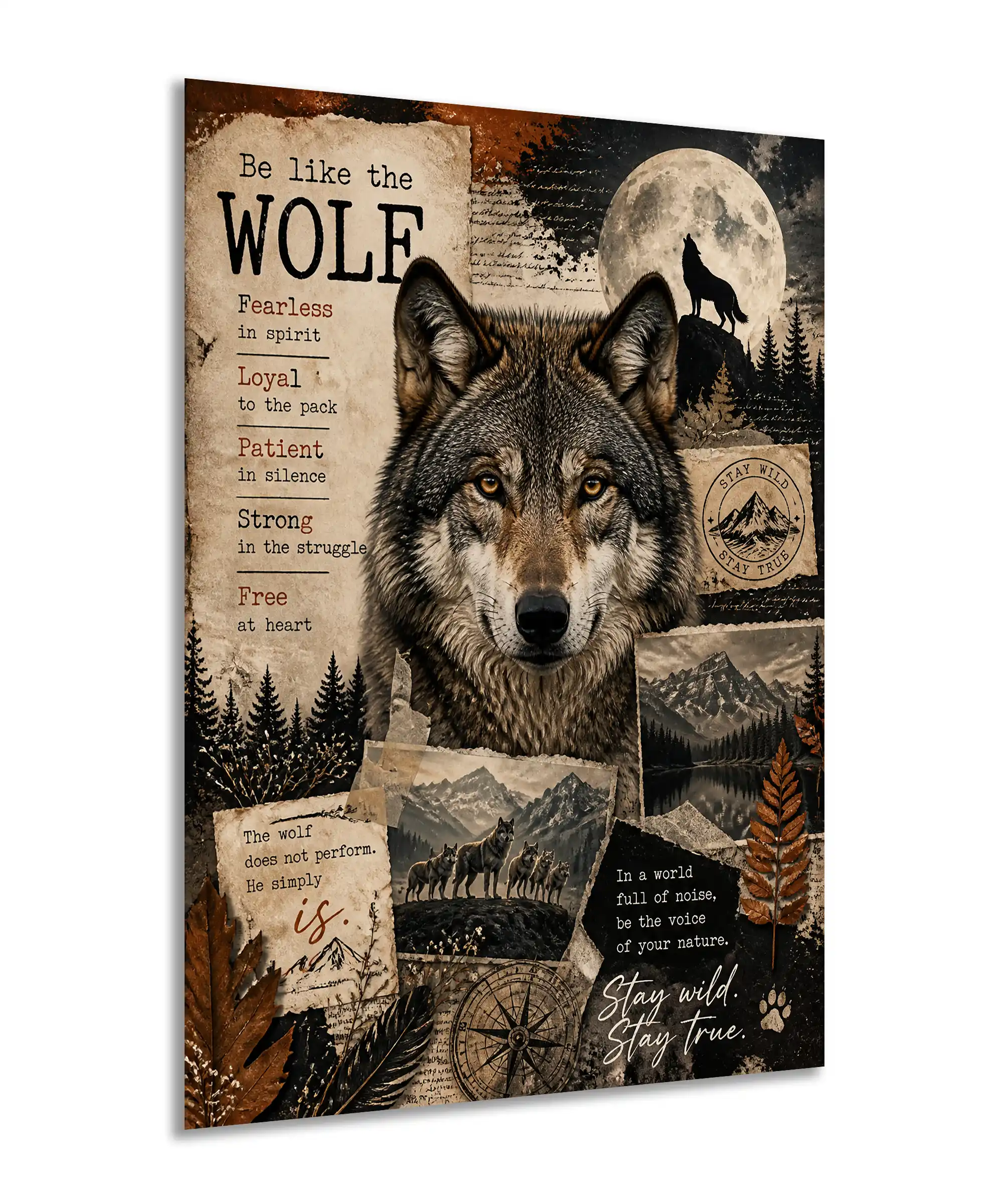 Wild Spirit Wolf Poster 2 painting Angled Wild Spirit wolf poster showing vintage wolf portrait and wilderness collage details