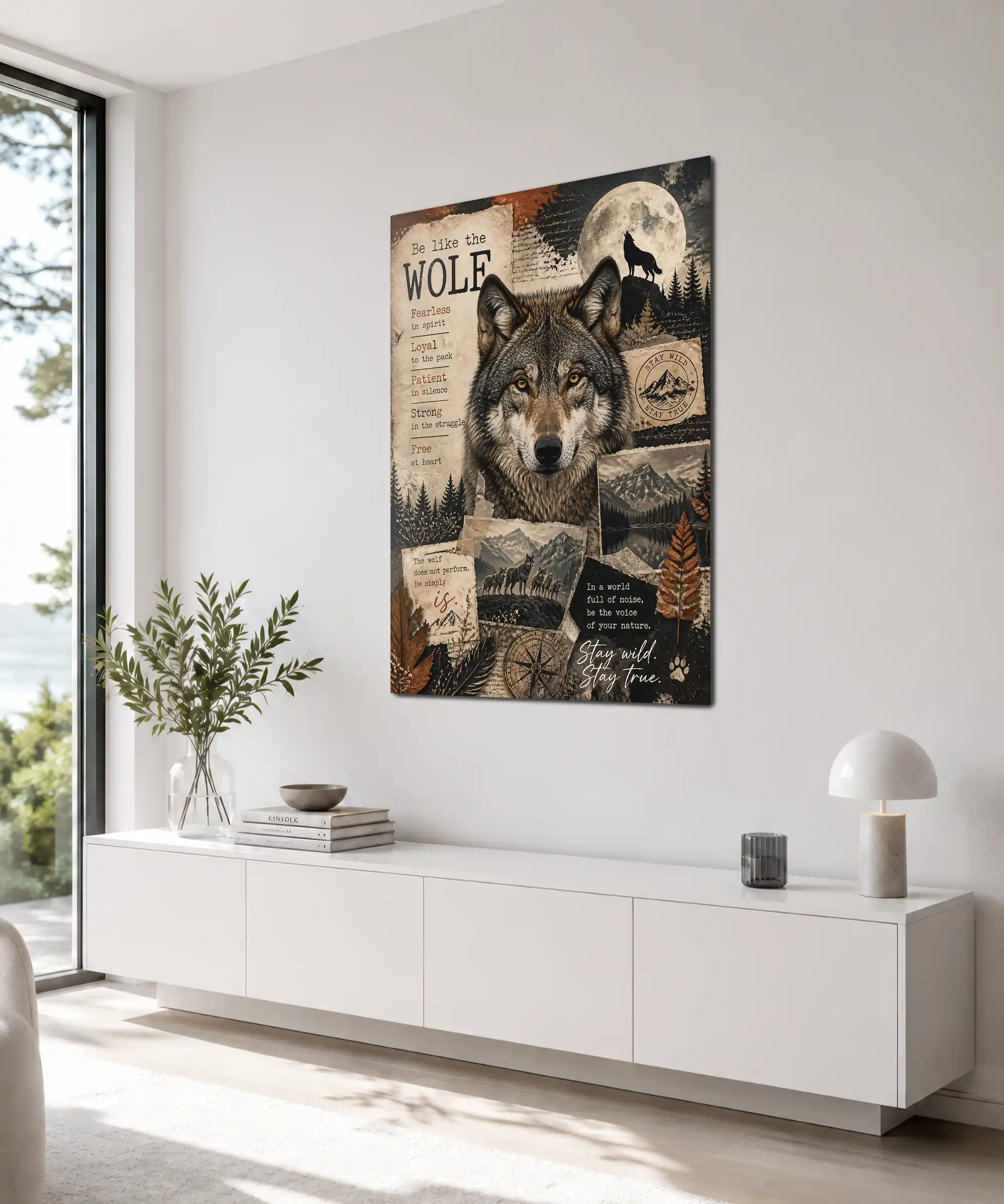 Wild Spirit Wolf Poster 4 painting Angled wolf wall art displayed indoors with vintage paper layers, mountains, moon, and pack scene